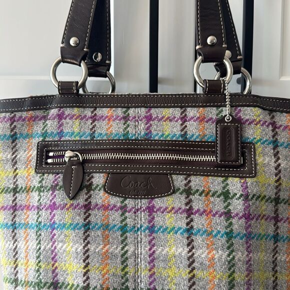 COACH Penelope Wool Tattersall Tweed Leather Trim Tote Shoulder Hand Bag Top Zip - Picture 11 of 13